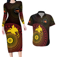 Papua New Guinea Independence Personalized Couples Matching Long Sleeve Bodycon Dress and Hawaiian Shirt Tapa Circle