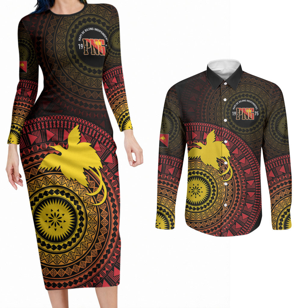 Papua New Guinea Independence Personalized Couples Matching Long Sleeve Bodycon Dress and Long Sleeve Button Shirt Tapa Circle LT7 Black - Polynesian Pride