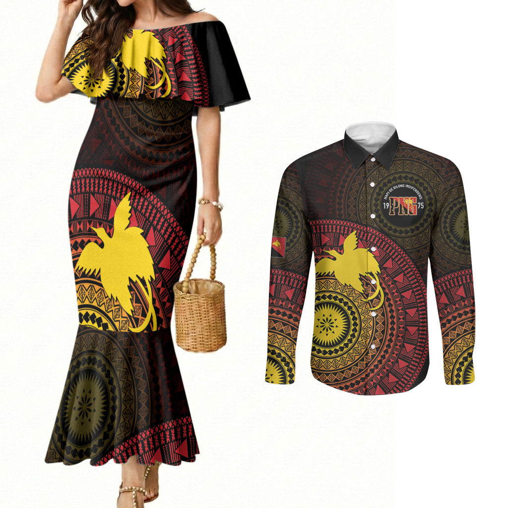 Papua New Guinea Independence Personalized Couples Matching Mermaid Dress and Long Sleeve Button Shirt Tapa Circle LT7 Black - Polynesian Pride