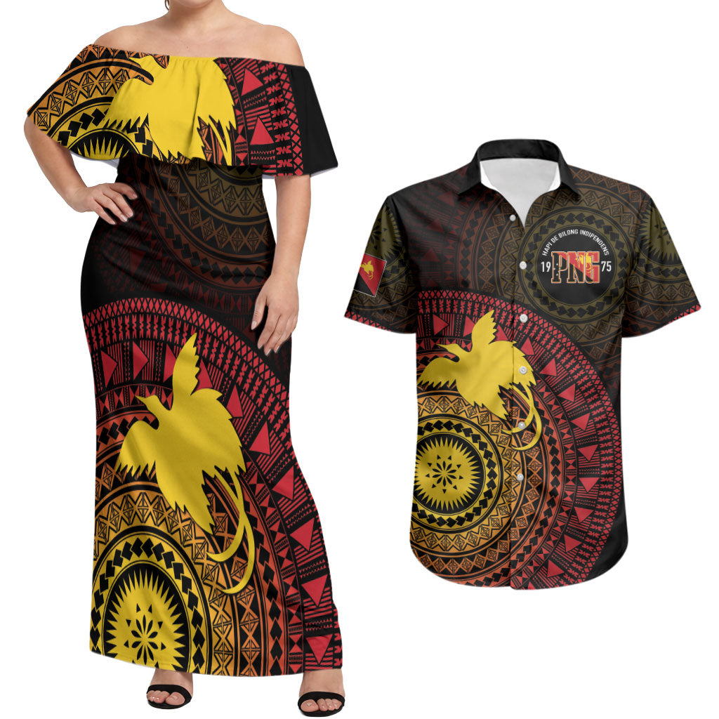 Papua New Guinea Independence Personalized Couples Matching Off Shoulder Maxi Dress and Hawaiian Shirt Tapa Circle LT7 Black - Polynesian Pride
