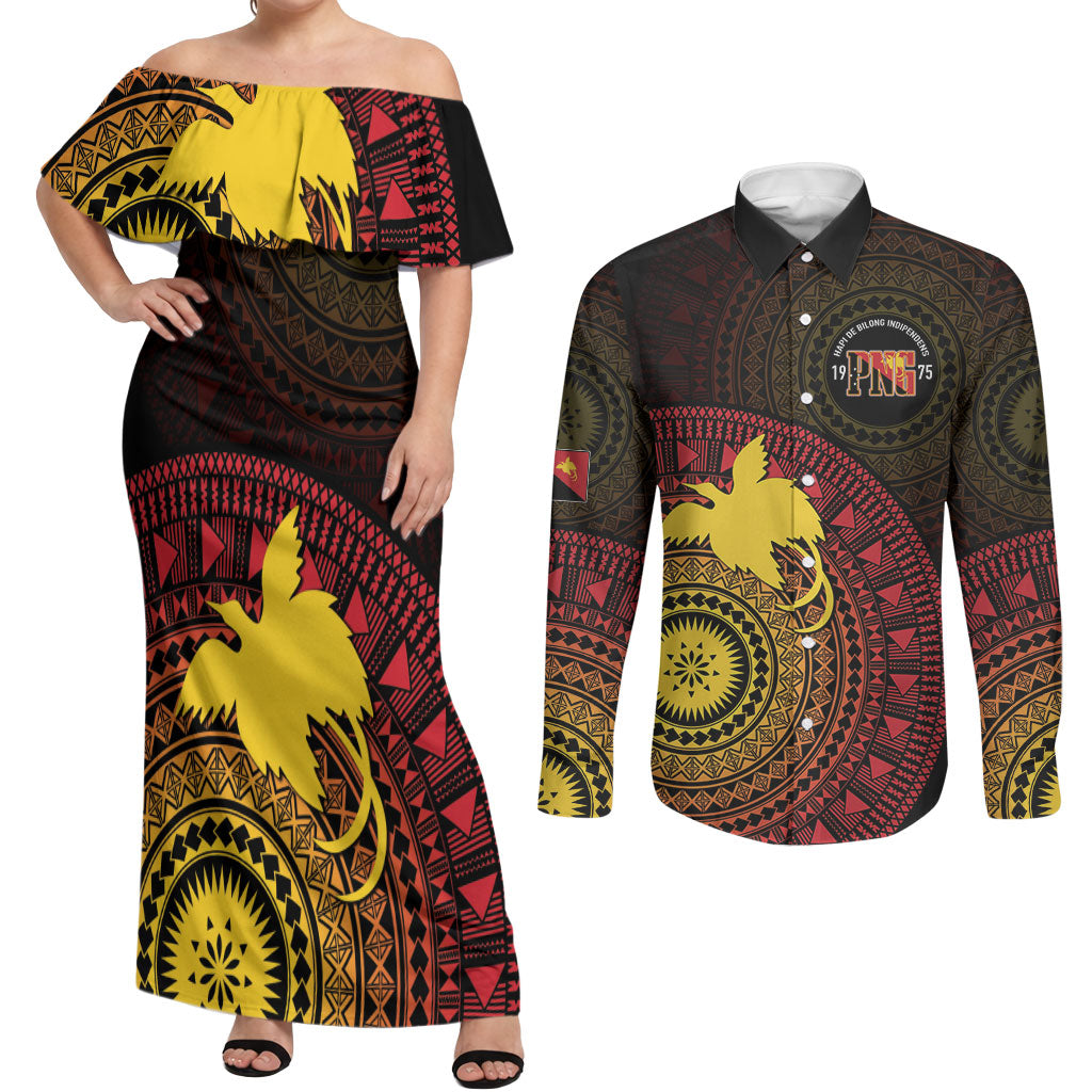 Papua New Guinea Independence Personalized Couples Matching Off Shoulder Maxi Dress and Long Sleeve Button Shirt Tapa Circle LT7 Black - Polynesian Pride
