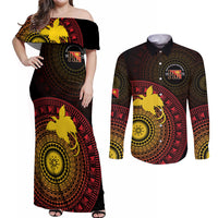 Papua New Guinea Independence Personalized Couples Matching Off Shoulder Maxi Dress and Long Sleeve Button Shirt Tapa Circle