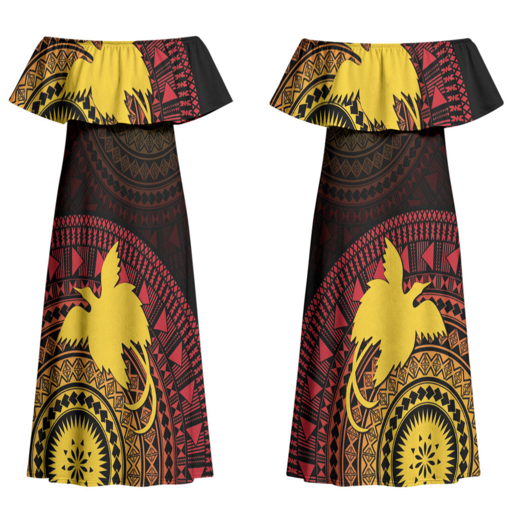 Papua New Guinea Independence Personalized Couples Matching Off Shoulder Maxi Dress and Long Sleeve Button Shirt Tapa Circle LT7 - Polynesian Pride