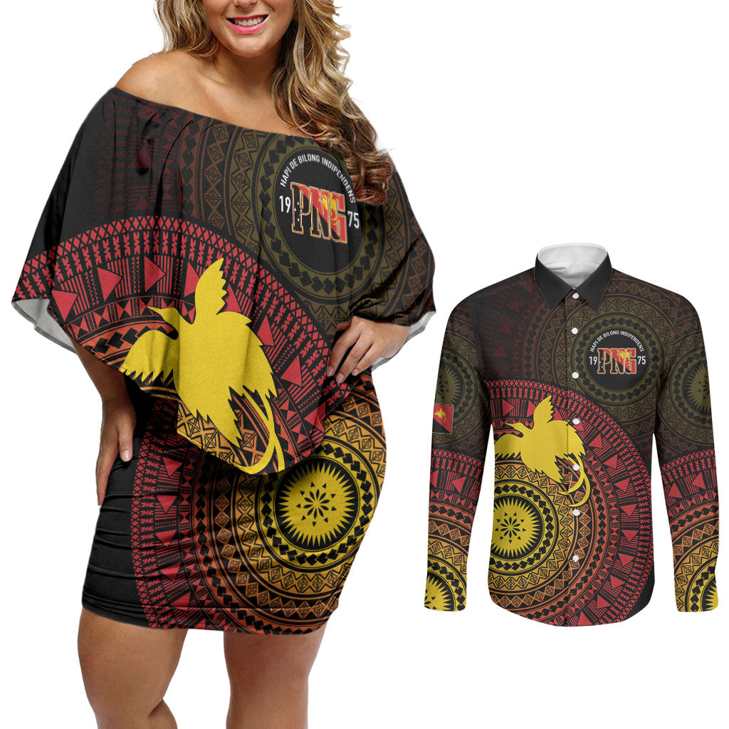 Papua New Guinea Independence Personalized Couples Matching Off Shoulder Short Dress and Long Sleeve Button Shirt Tapa Circle LT7 Black - Polynesian Pride