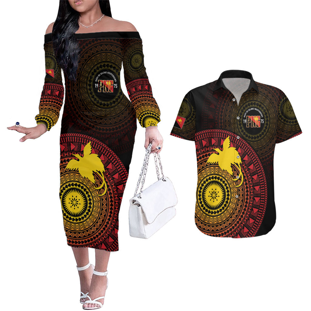 Papua New Guinea Independence Personalized Couples Matching Off The Shoulder Long Sleeve Dress and Hawaiian Shirt Tapa Circle
