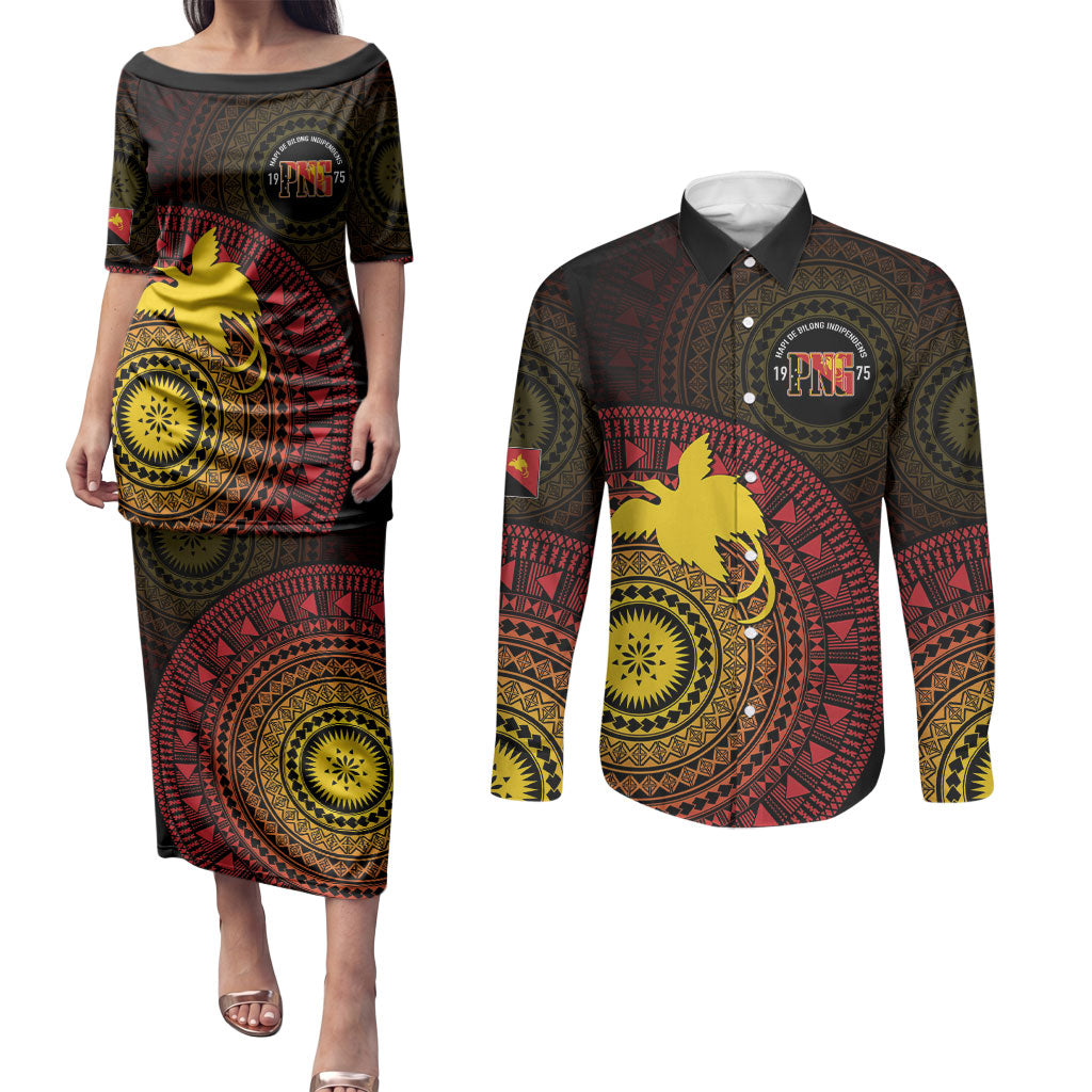 Papua New Guinea Independence Personalized Couples Matching Puletasi and Long Sleeve Button Shirt Tapa Circle LT7 Black - Polynesian Pride