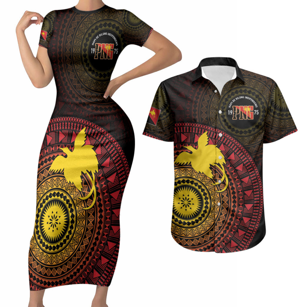 Papua New Guinea Independence Personalized Couples Matching Short Sleeve Bodycon Dress and Hawaiian Shirt Tapa Circle LT7 Black - Polynesian Pride