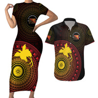 Papua New Guinea Independence Personalized Couples Matching Short Sleeve Bodycon Dress and Hawaiian Shirt Tapa Circle