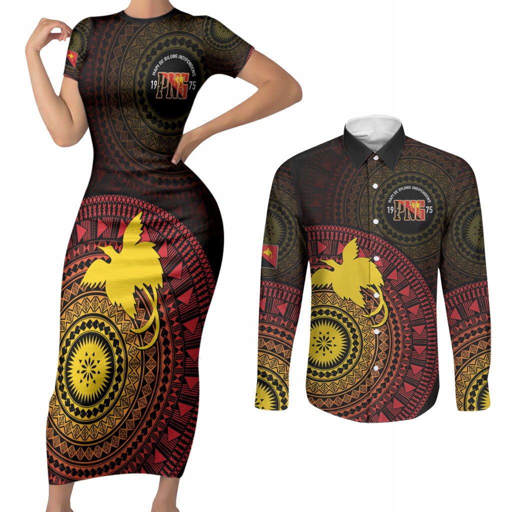 Papua New Guinea Independence Personalized Couples Matching Short Sleeve Bodycon Dress and Long Sleeve Button Shirt Tapa Circle LT7 Black - Polynesian Pride