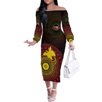 Papua New Guinea Independence Personalized Family Matching Off The Shoulder Long Sleeve Dress and Hawaiian Shirt Tapa Circle