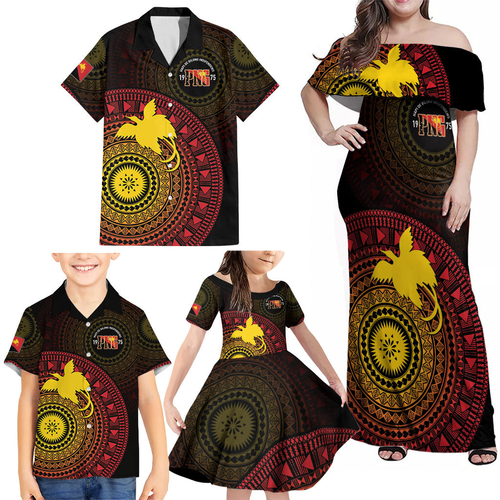 Papua New Guinea Independence Personalized Family Matching Off Shoulder Maxi Dress and Hawaiian Shirt Tapa Circle