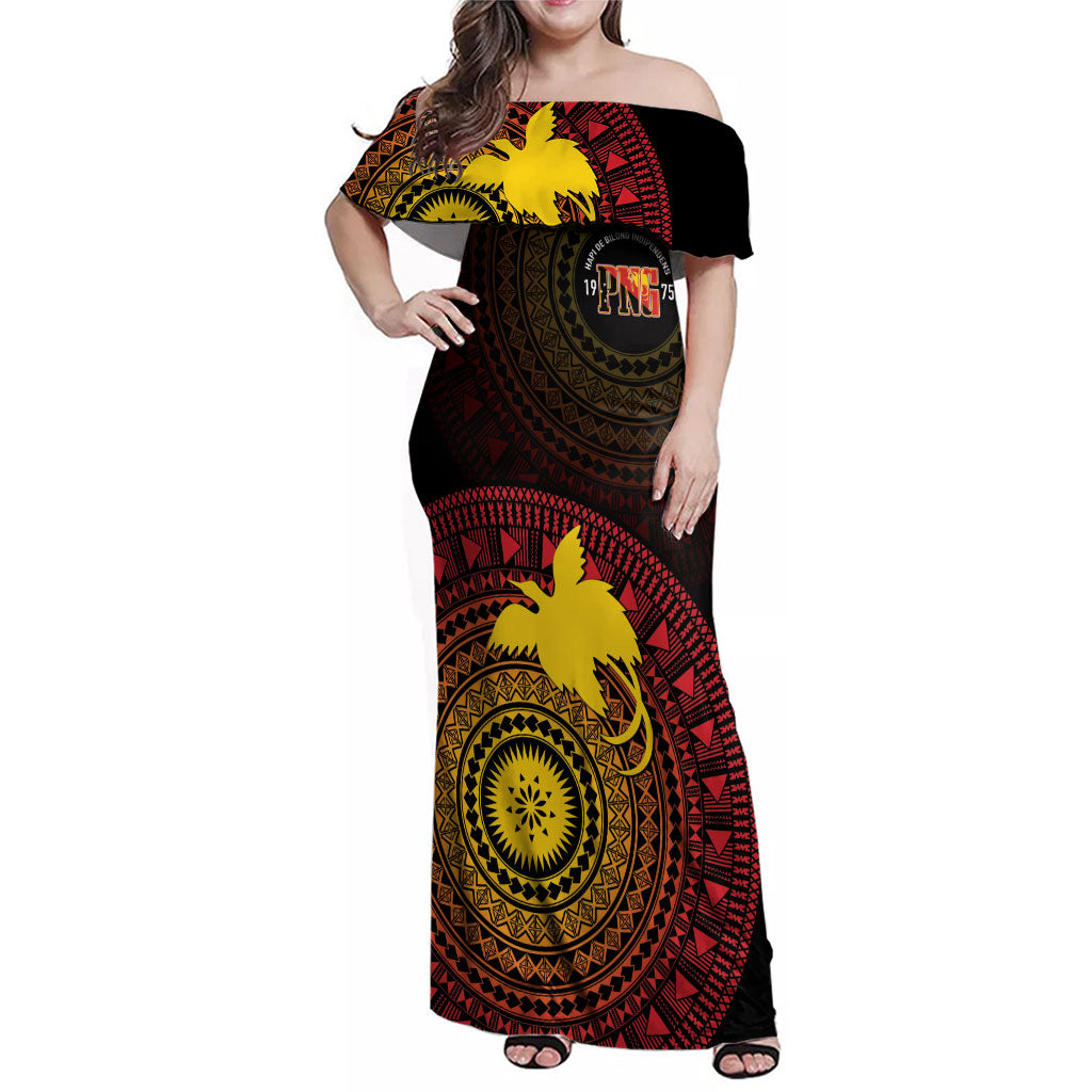 Papua New Guinea Independence Personalized Family Matching Off Shoulder Maxi Dress and Hawaiian Shirt Tapa Circle