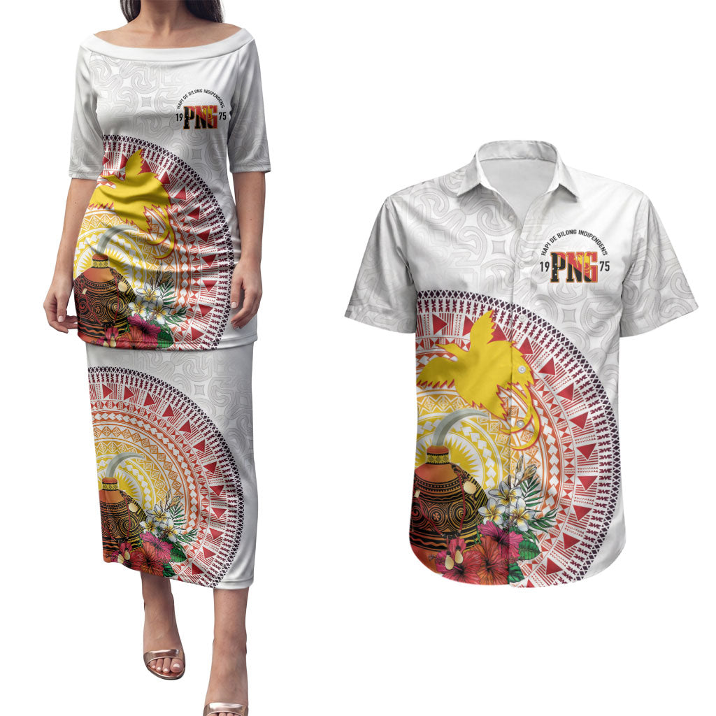 Hapi De Bilong Indipendens Papua New Guinea Couples Matching Puletasi and Hawaiian Shirt PNG Lime Pot LT7 White - Polynesian Pride