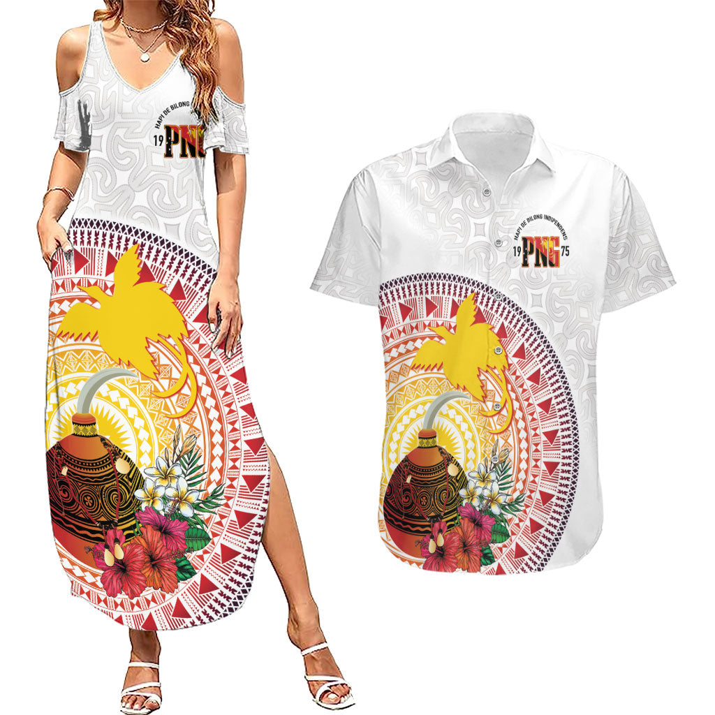 Hapi De Bilong Indipendens Papua New Guinea Couples Matching Summer Maxi Dress and Hawaiian Shirt PNG Lime Pot LT7 White - Polynesian Pride