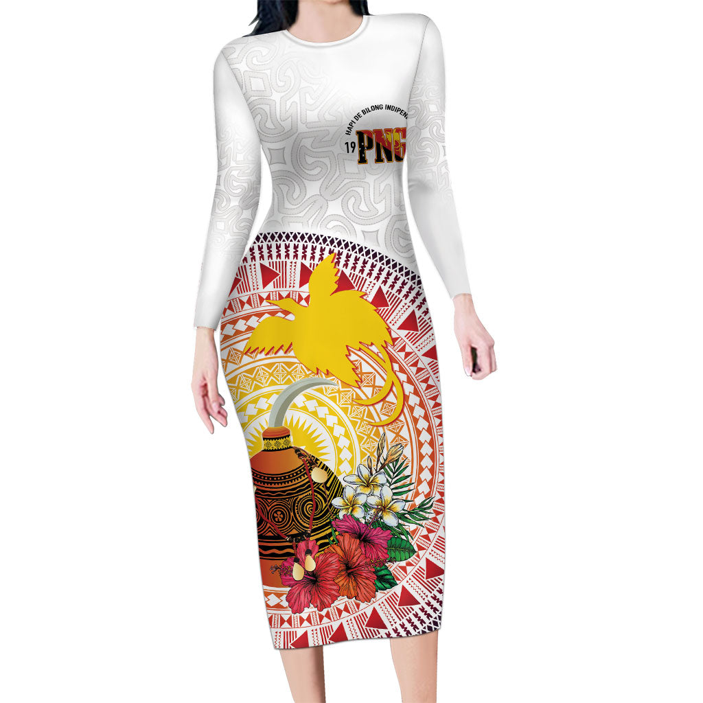 Hapi De Bilong Indipendens Papua New Guinea Long Sleeve Bodycon Dress PNG Lime Pot LT7 Long Dress White - Polynesian Pride