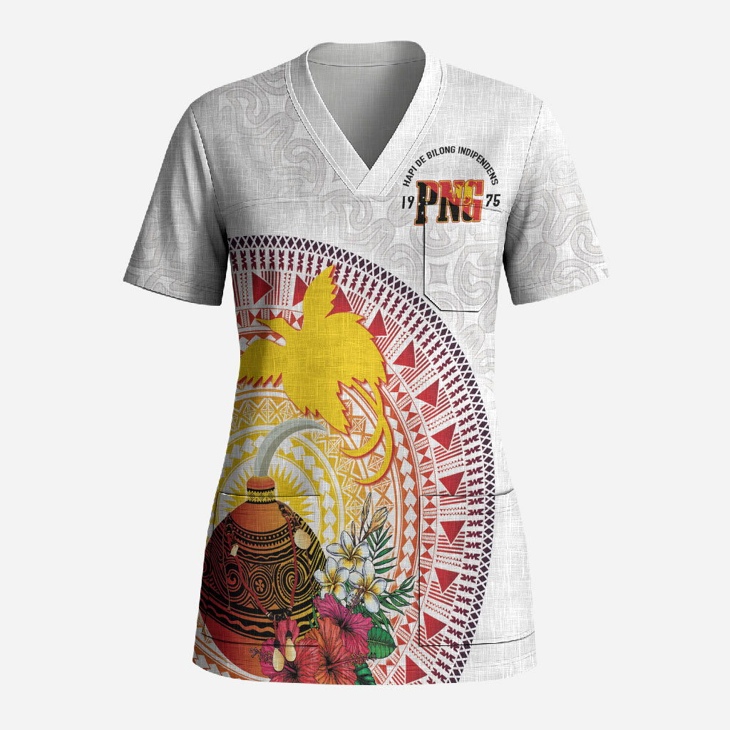 Hapi De Bilong Indipendens Papua New Guinea Scrub Top PNG Lime Pot LT7 Adult White - Polynesian Pride