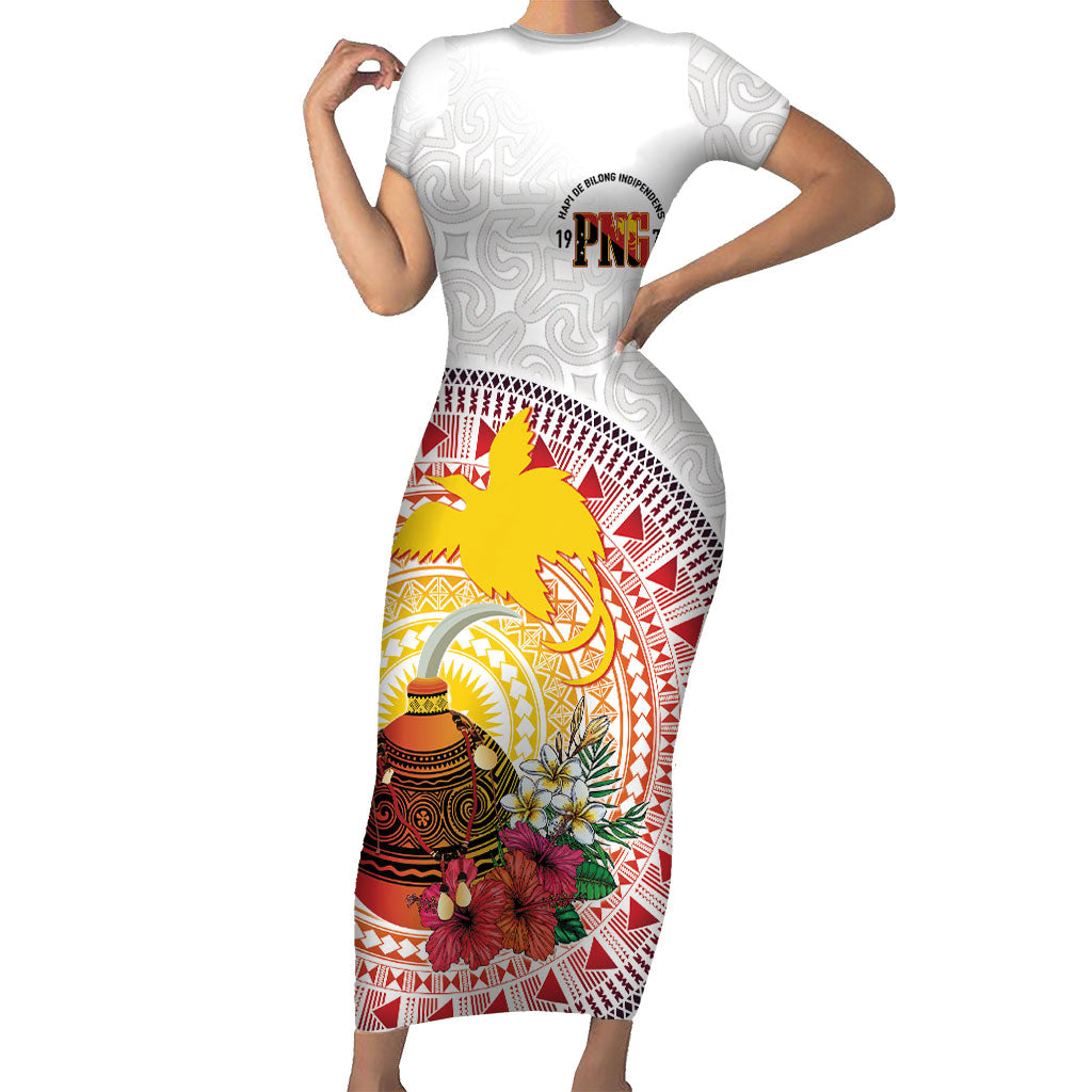 Hapi De Bilong Indipendens Papua New Guinea Short Sleeve Bodycon Dress PNG Lime Pot LT7 Long Dress White - Polynesian Pride