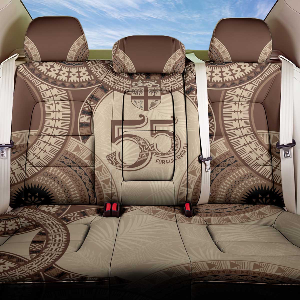Bula Fiji Day 55th Anniversary Masi Tapa Back Car Seat Cover Emerald Jubilee - Beige - Polynesian Pride