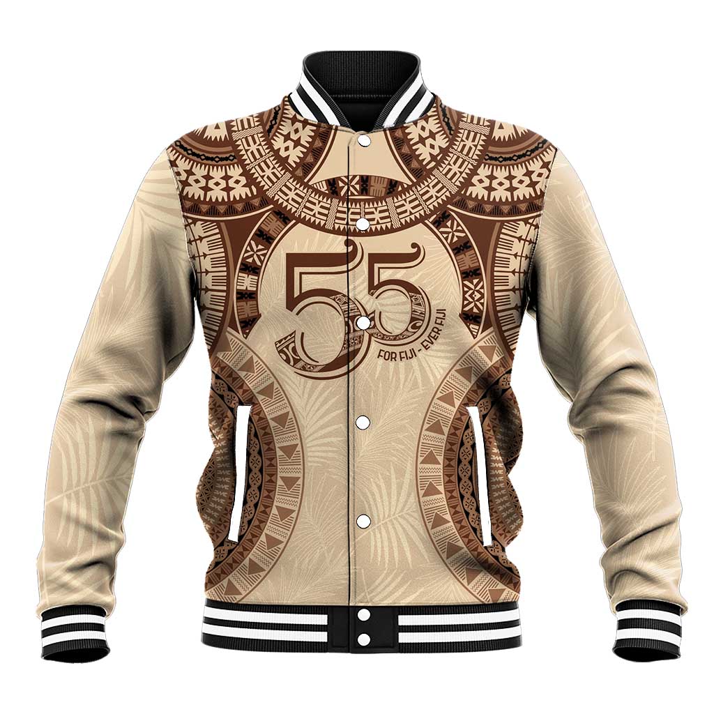 Bula Fiji Day 55th Anniversary Masi Tapa Baseball Jacket Emerald Jubilee - Beige - Polynesian Pride