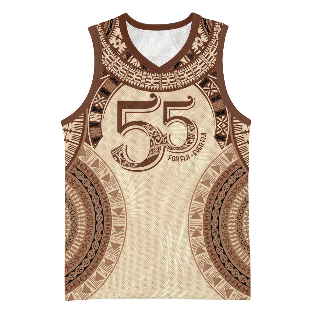 Bula Fiji Day 55th Anniversary Masi Tapa Basketball Jersey Emerald Jubilee - Beige LT7 Unisex Beige - Polynesian Pride