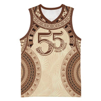 Bula Fiji Day 55th Anniversary Masi Tapa Basketball Jersey Emerald Jubilee - Beige LT7 Unisex Beige - Polynesian Pride
