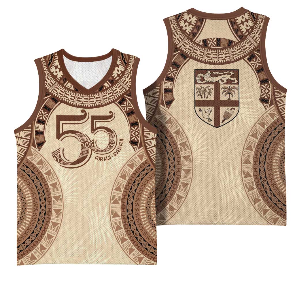 Bula Fiji Day 55th Anniversary Masi Tapa Basketball Jersey Emerald Jubilee - Beige LT7 - Polynesian Pride