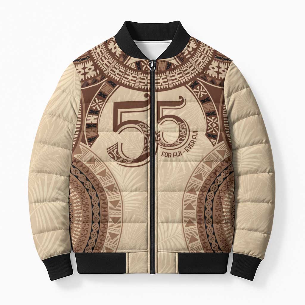 Bula Fiji Day 55th Anniversary Masi Tapa Bomber Puffer Jacket Emerald Jubilee - Beige LT7 Unisex Beige - Polynesian Pride