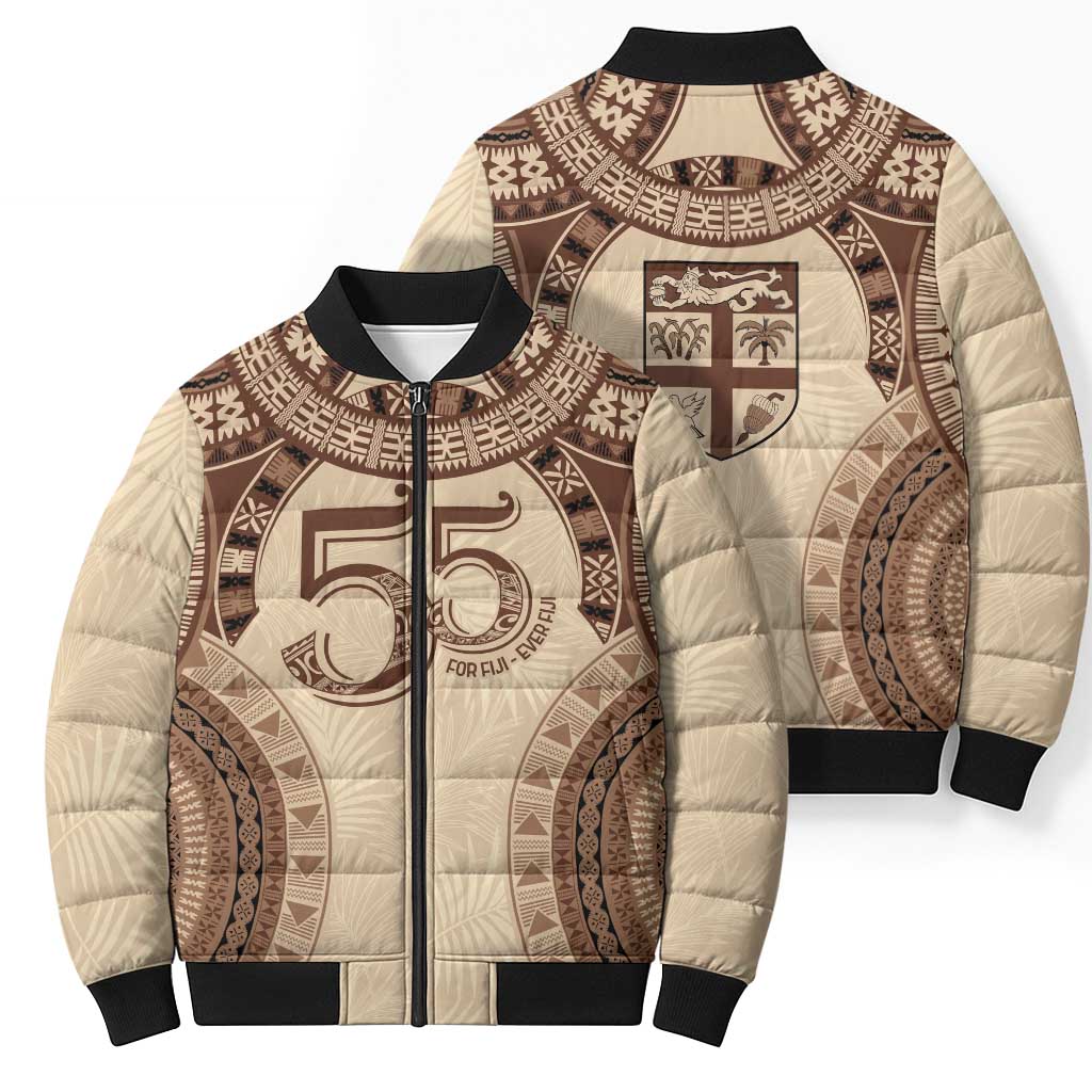 Bula Fiji Day 55th Anniversary Masi Tapa Bomber Puffer Jacket Emerald Jubilee - Beige LT7 - Polynesian Pride
