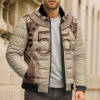 Bula Fiji Day 55th Anniversary Masi Tapa Bomber Puffer Jacket Emerald Jubilee - Beige LT7 - Polynesian Pride