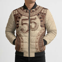 Bula Fiji Day 55th Anniversary Masi Tapa Bomber Puffer Jacket Emerald Jubilee - Beige LT7 - Polynesian Pride