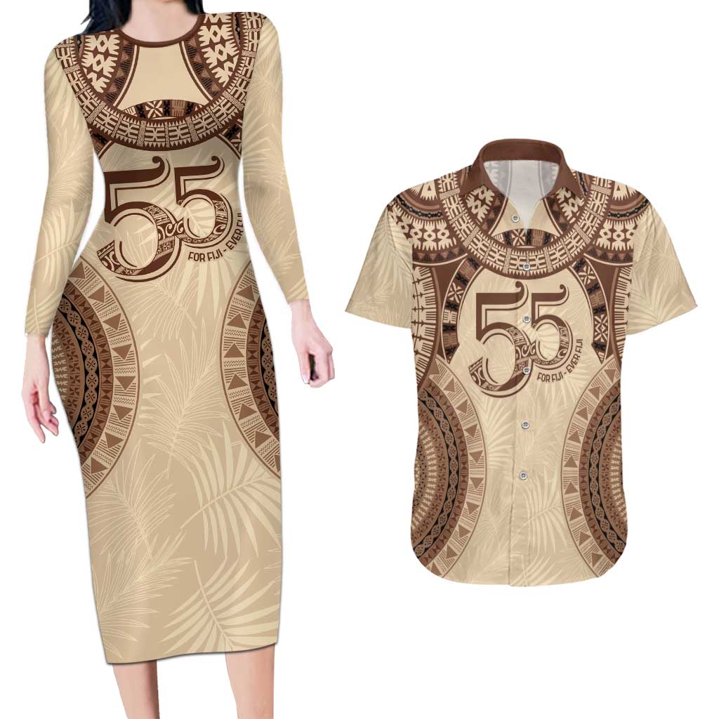 Bula Fiji Day 55th Anniversary Masi Tapa Couples Matching Long Sleeve Bodycon Dress and Hawaiian Shirt Emerald Jubilee - Beige - Polynesian Pride
