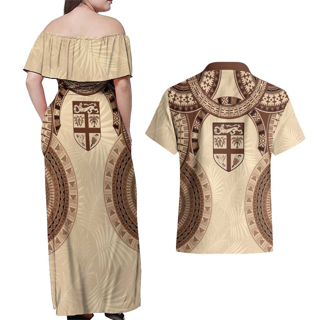 Bula Fiji Day 55th Anniversary Masi Tapa Couples Matching Off Shoulder Maxi Dress and Hawaiian Shirt Emerald Jubilee - Beige - Polynesian Pride