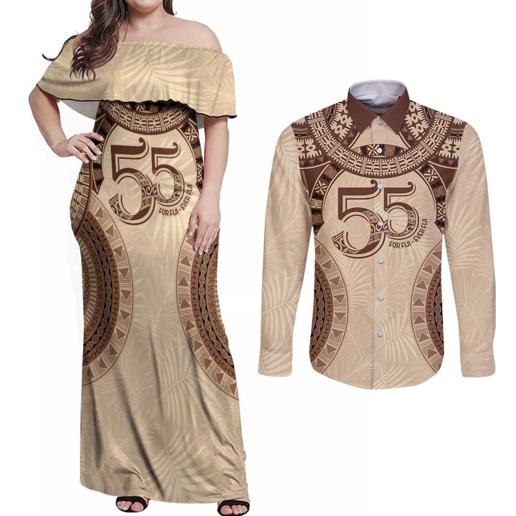 Bula Fiji Day 55th Anniversary Masi Tapa Couples Matching Off Shoulder Maxi Dress and Long Sleeve Button Shirt Emerald Jubilee - Beige - Polynesian Pride