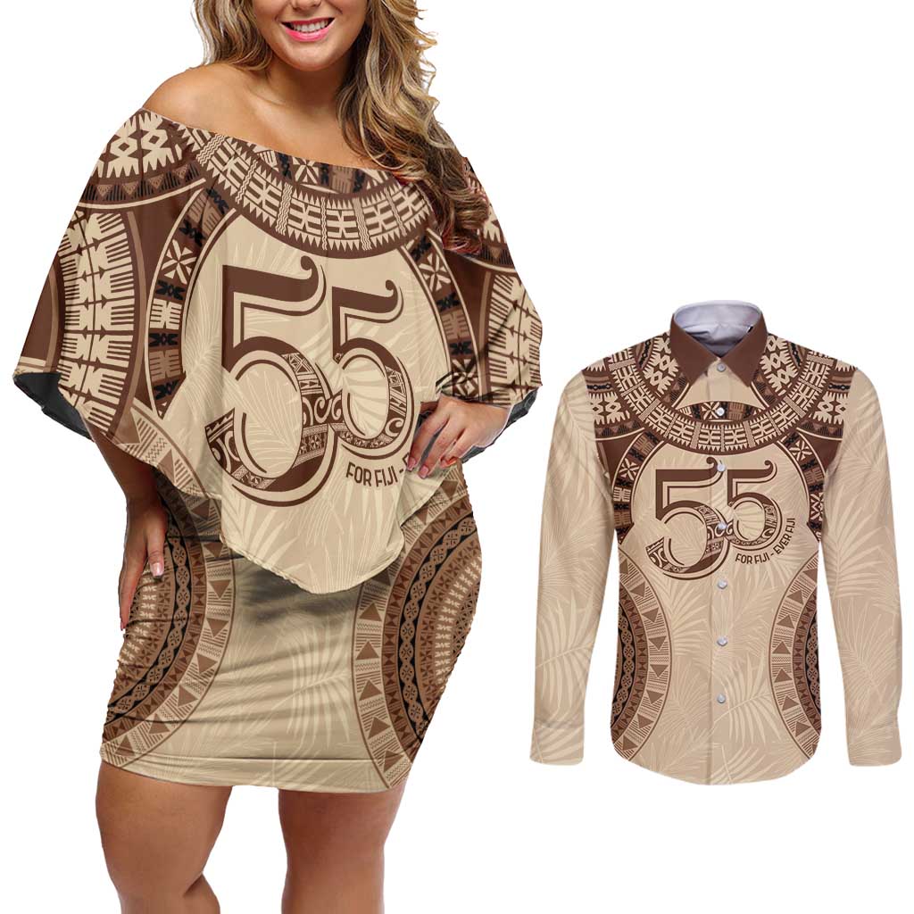Bula Fiji Day 55th Anniversary Masi Tapa Couples Matching Off Shoulder Short Dress and Long Sleeve Button Shirt Emerald Jubilee - Beige - Polynesian Pride