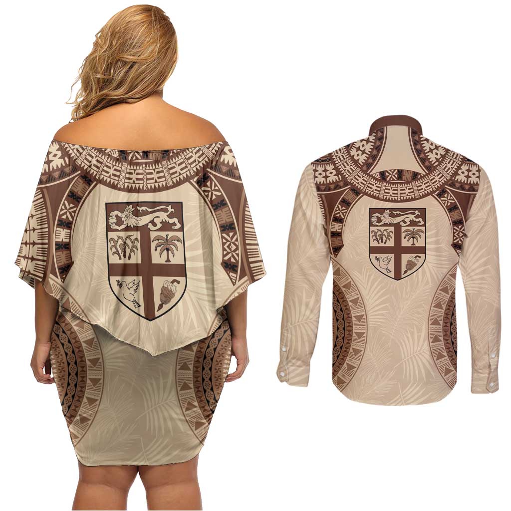 Bula Fiji Day 55th Anniversary Masi Tapa Couples Matching Off Shoulder Short Dress and Long Sleeve Button Shirt Emerald Jubilee - Beige - Polynesian Pride