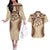 Bula Fiji Day 55th Anniversary Masi Tapa Couples Matching Off The Shoulder Long Sleeve Dress and Hawaiian Shirt Emerald Jubilee - Beige - Polynesian Pride
