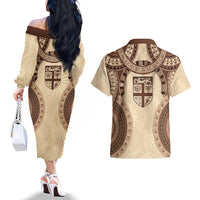 Bula Fiji Day 55th Anniversary Masi Tapa Couples Matching Off The Shoulder Long Sleeve Dress and Hawaiian Shirt Emerald Jubilee - Beige - Polynesian Pride