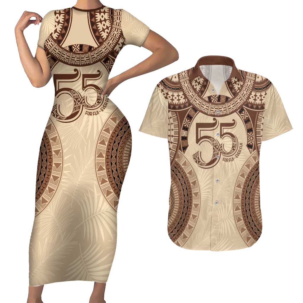 Bula Fiji Day 55th Anniversary Masi Tapa Couples Matching Short Sleeve Bodycon Dress and Hawaiian Shirt Emerald Jubilee - Beige - Polynesian Pride
