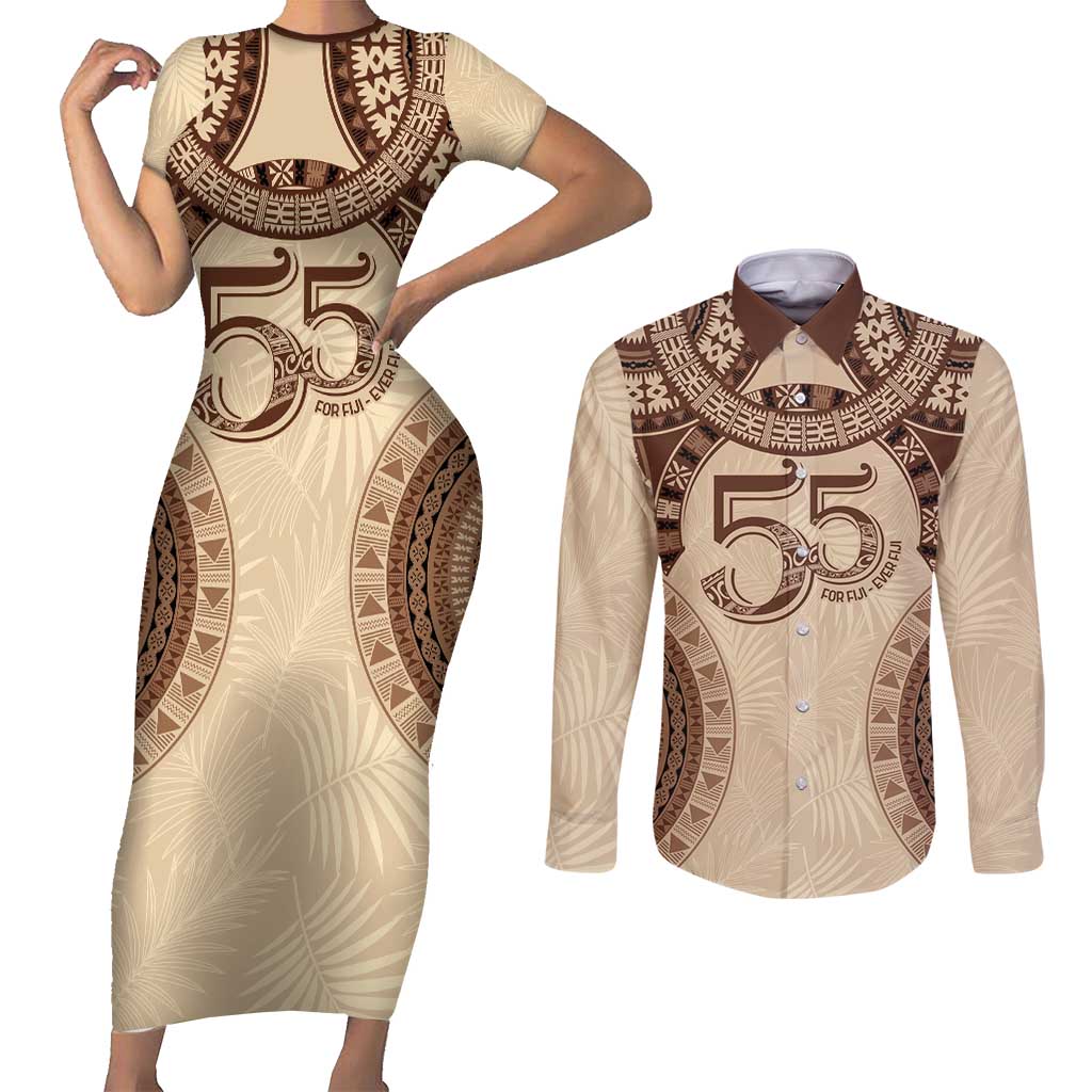 Bula Fiji Day 55th Anniversary Masi Tapa Couples Matching Short Sleeve Bodycon Dress and Long Sleeve Button Shirt Emerald Jubilee - Beige - Polynesian Pride