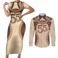 Bula Fiji Day 55th Anniversary Masi Tapa Couples Matching Short Sleeve Bodycon Dress and Long Sleeve Button Shirt Emerald Jubilee - Beige - Polynesian Pride