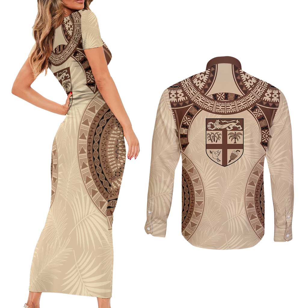 Bula Fiji Day 55th Anniversary Masi Tapa Couples Matching Short Sleeve Bodycon Dress and Long Sleeve Button Shirt Emerald Jubilee - Beige - Polynesian Pride