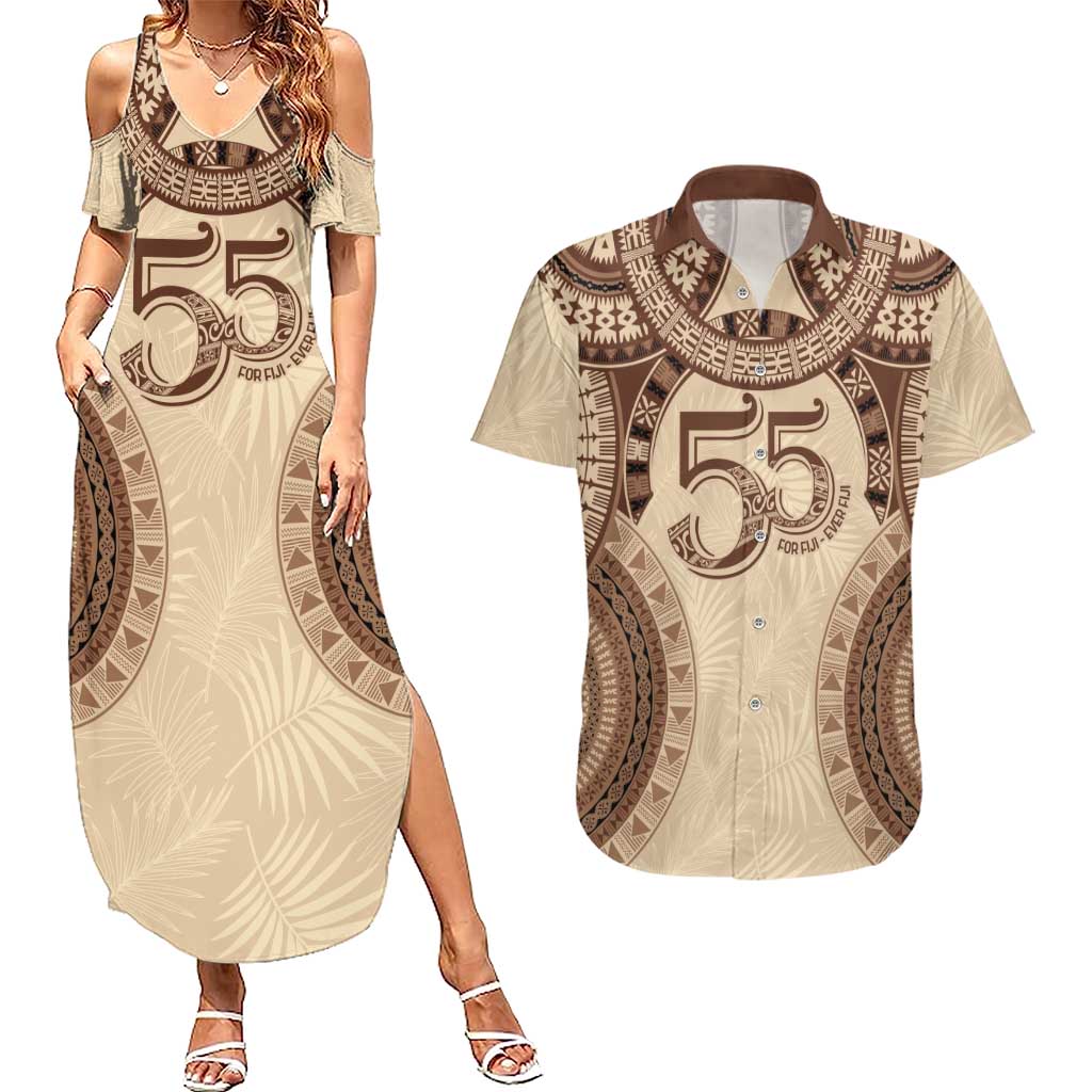 Bula Fiji Day 55th Anniversary Masi Tapa Couples Matching Summer Maxi Dress and Hawaiian Shirt Emerald Jubilee - Beige - Polynesian Pride