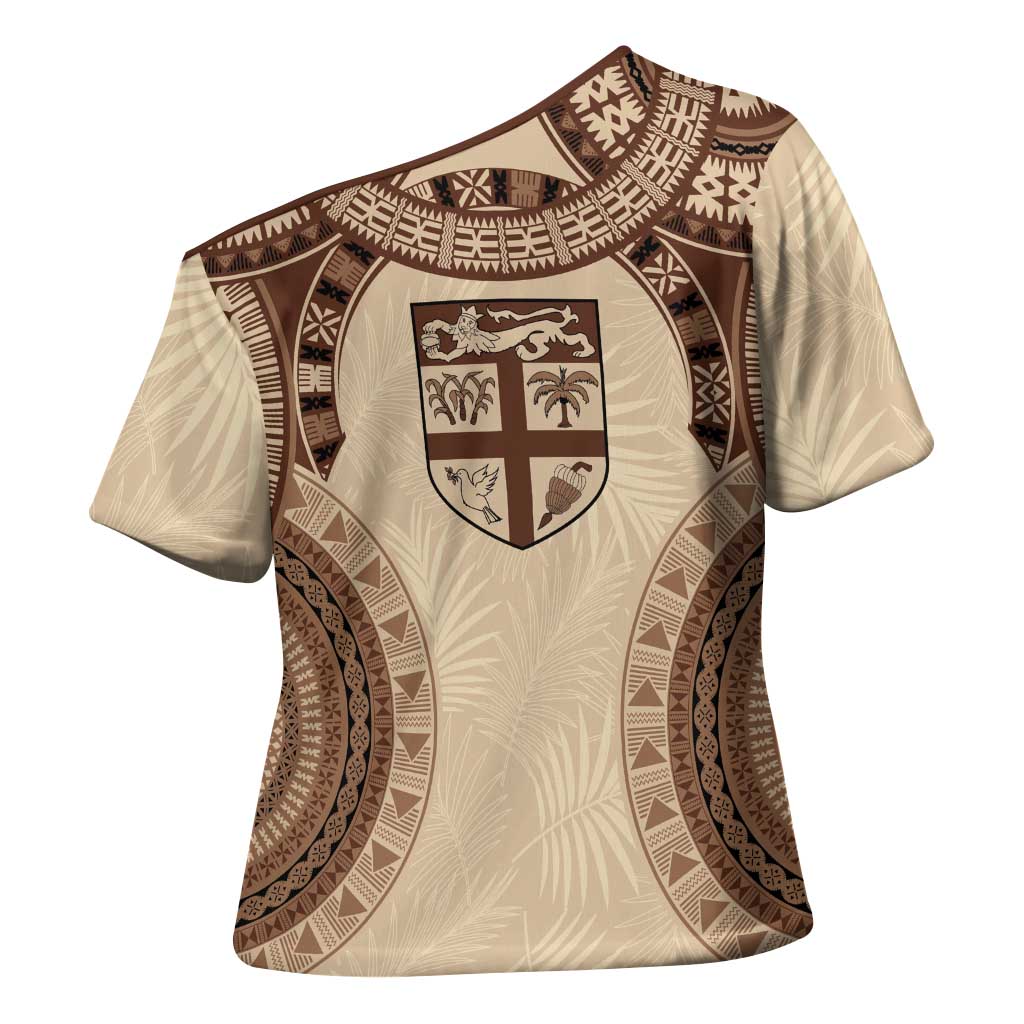 Bula Fiji Day 55th Anniversary Masi Tapa Cross Shoulder Shirt Emerald Jubilee - Beige LT7 - Polynesian Pride