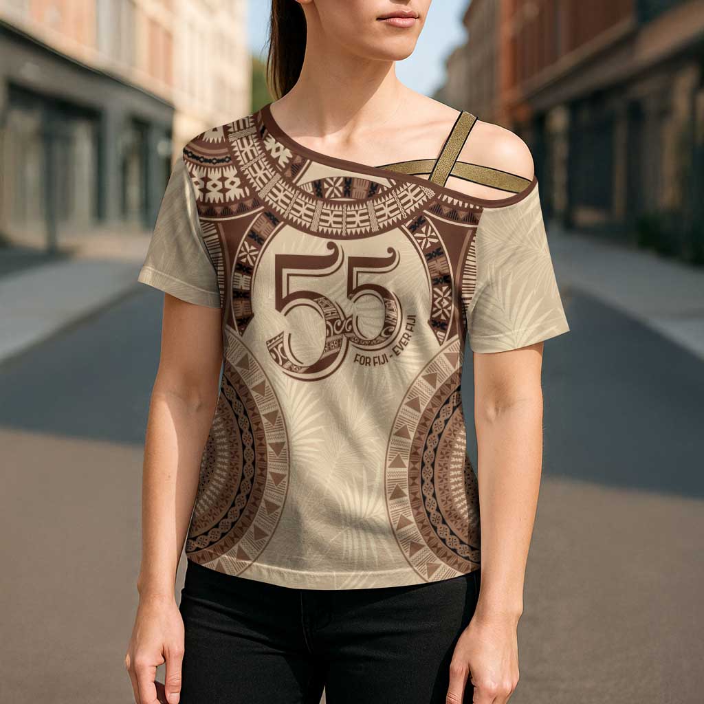 Bula Fiji Day 55th Anniversary Masi Tapa Cross Shoulder Shirt Emerald Jubilee - Beige LT7 - Polynesian Pride