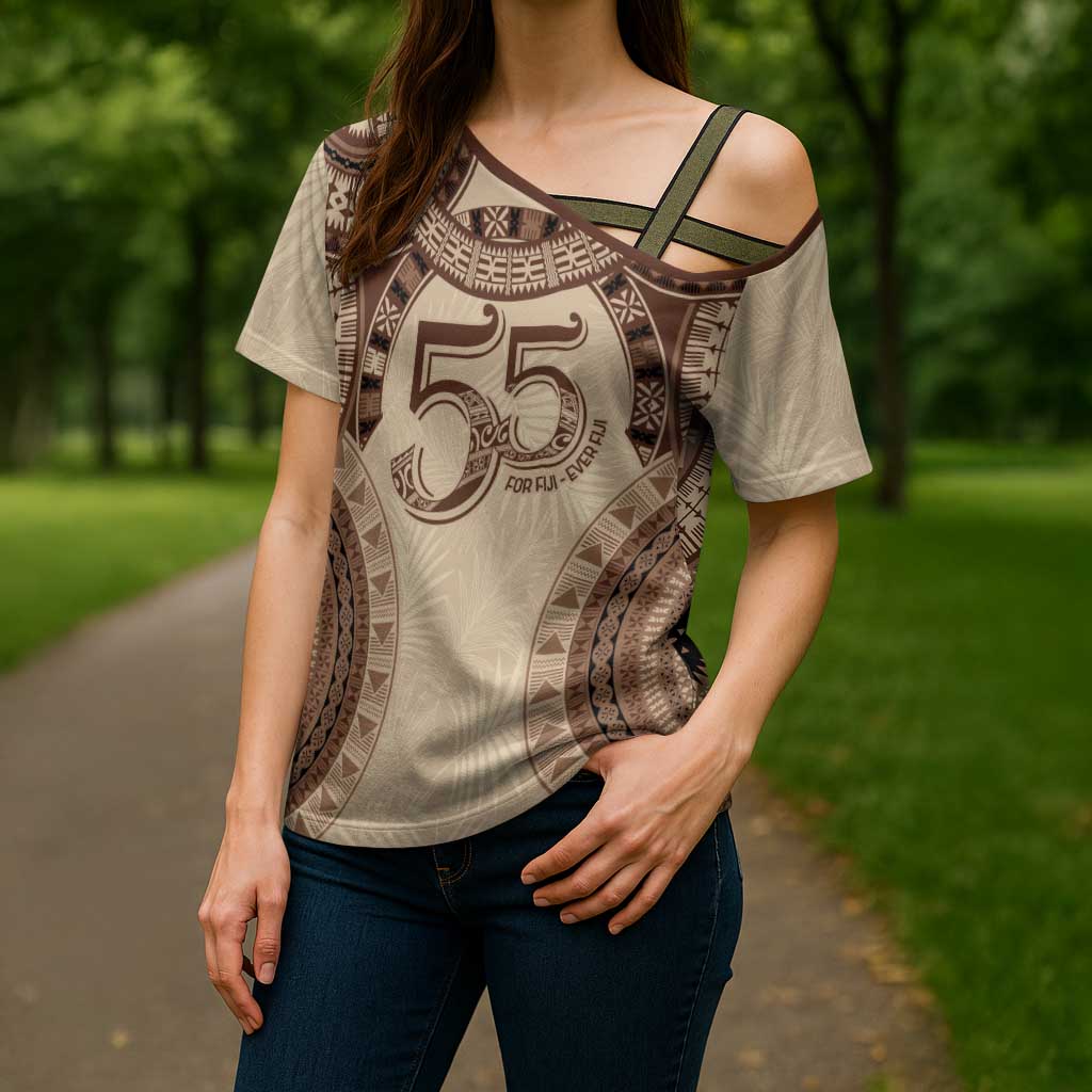 Bula Fiji Day 55th Anniversary Masi Tapa Cross Shoulder Shirt Emerald Jubilee - Beige LT7 - Polynesian Pride