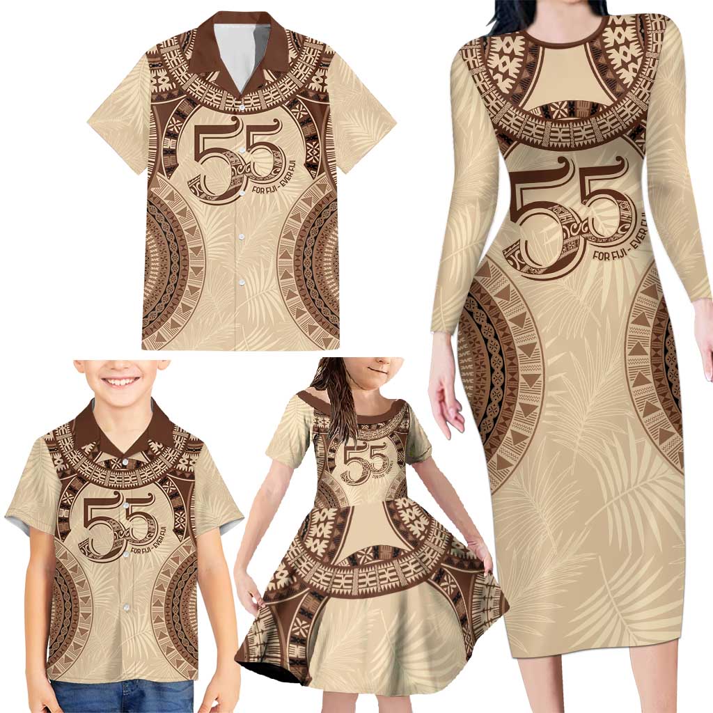 Bula Fiji Day 55th Anniversary Masi Tapa Family Matching Long Sleeve Bodycon Dress and Hawaiian Shirt Emerald Jubilee - Beige - Polynesian Pride