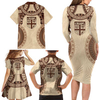 Bula Fiji Day 55th Anniversary Masi Tapa Family Matching Long Sleeve Bodycon Dress and Hawaiian Shirt Emerald Jubilee - Beige - Polynesian Pride