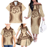 Bula Fiji Day 55th Anniversary Masi Tapa Family Matching Off The Shoulder Long Sleeve Dress and Hawaiian Shirt Emerald Jubilee - Beige - Polynesian Pride