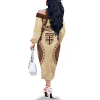 Bula Fiji Day 55th Anniversary Masi Tapa Family Matching Off The Shoulder Long Sleeve Dress and Hawaiian Shirt Emerald Jubilee - Beige - Polynesian Pride