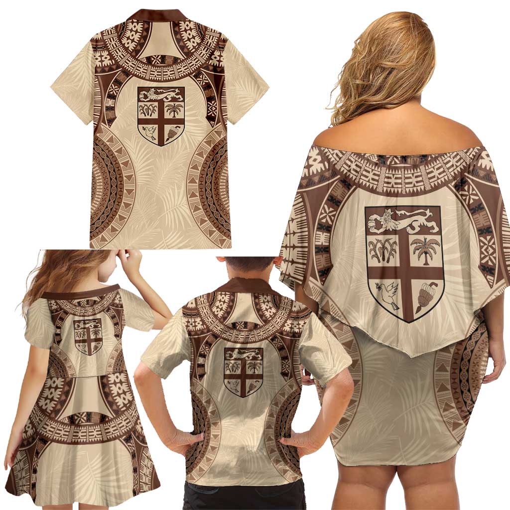 Bula Fiji Day 55th Anniversary Masi Tapa Family Matching Off Shoulder Short Dress and Hawaiian Shirt Emerald Jubilee - Beige - Polynesian Pride